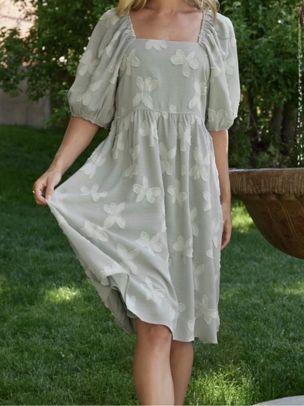 Baltic Born Avery Dress Light Sage Green Midi w/ Puff Sleeves Textured Floral